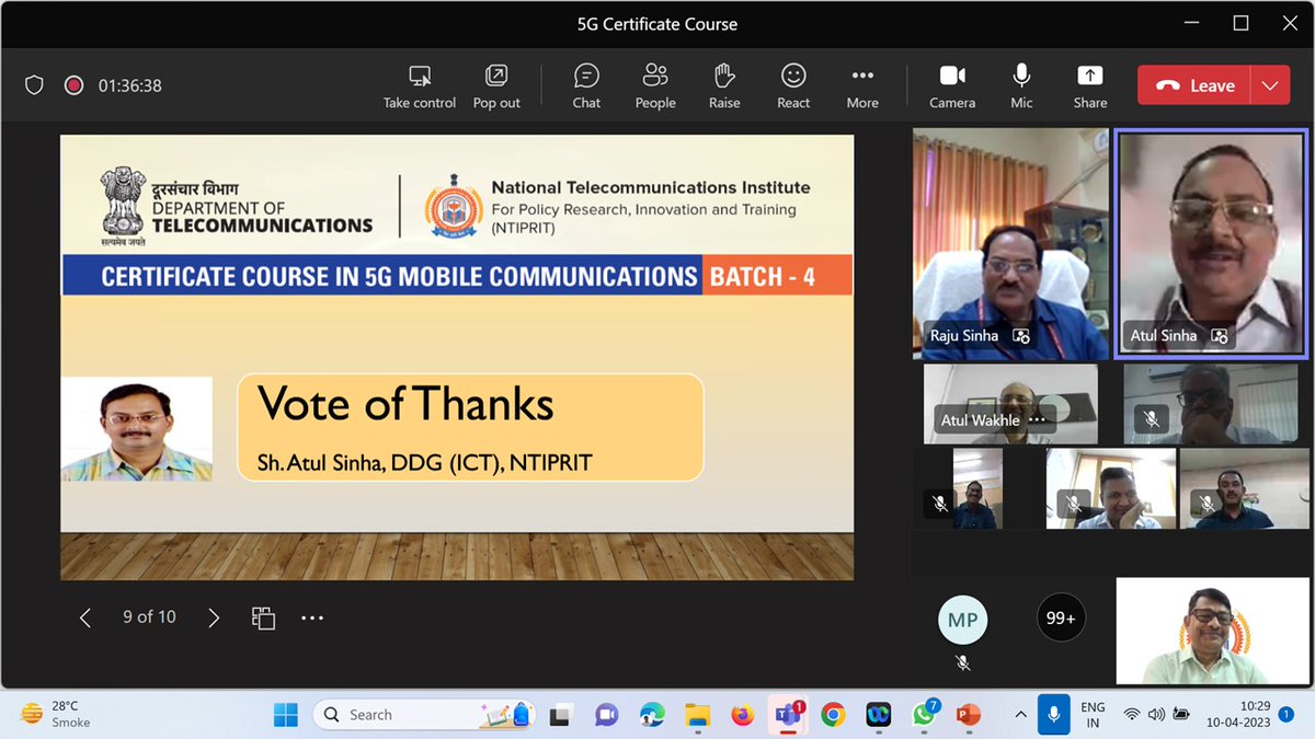 DG NTIPRIT <a href="/DoT_India/">DoT India</a> inaugurated 4th batch of 5G Certificate Course today. Participants include officers of DoT, central / State Govt, BSNL,ITI,CDOT, Master trainers of <a href="/TSSCINDIA/">Telecom Sector Skill Council</a> , officials of TSTL, faculty members of Engineering Institutes.