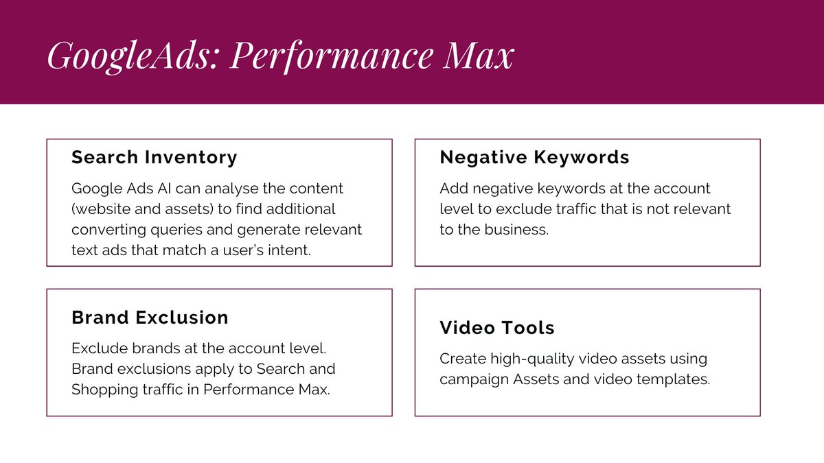 StefaniaBorchia's tweet image. Why choose #performancemax campaign:
1. AI-based match query to content
2. Negative keywords exclusion to improve ROI
3. Brands exclusion for better delivery
4. Automatic generation of asset-based videos