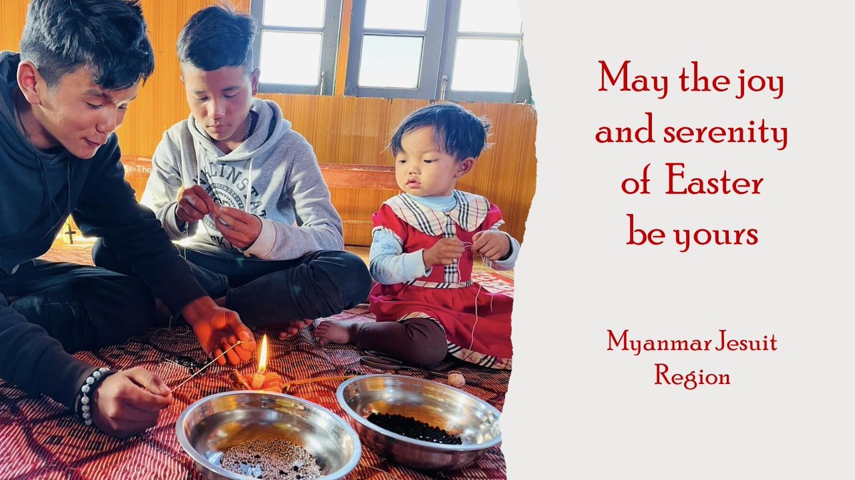 Felices Pascuas de parte de la misión jesuita en Myanmar. En la foto, jóvenes en un área en conflicto en una reunión organizada por jesuitas y líderes juveniles. Estos niños y su hermana pequeña están haciendo rosarios para sus padres y abuelos.