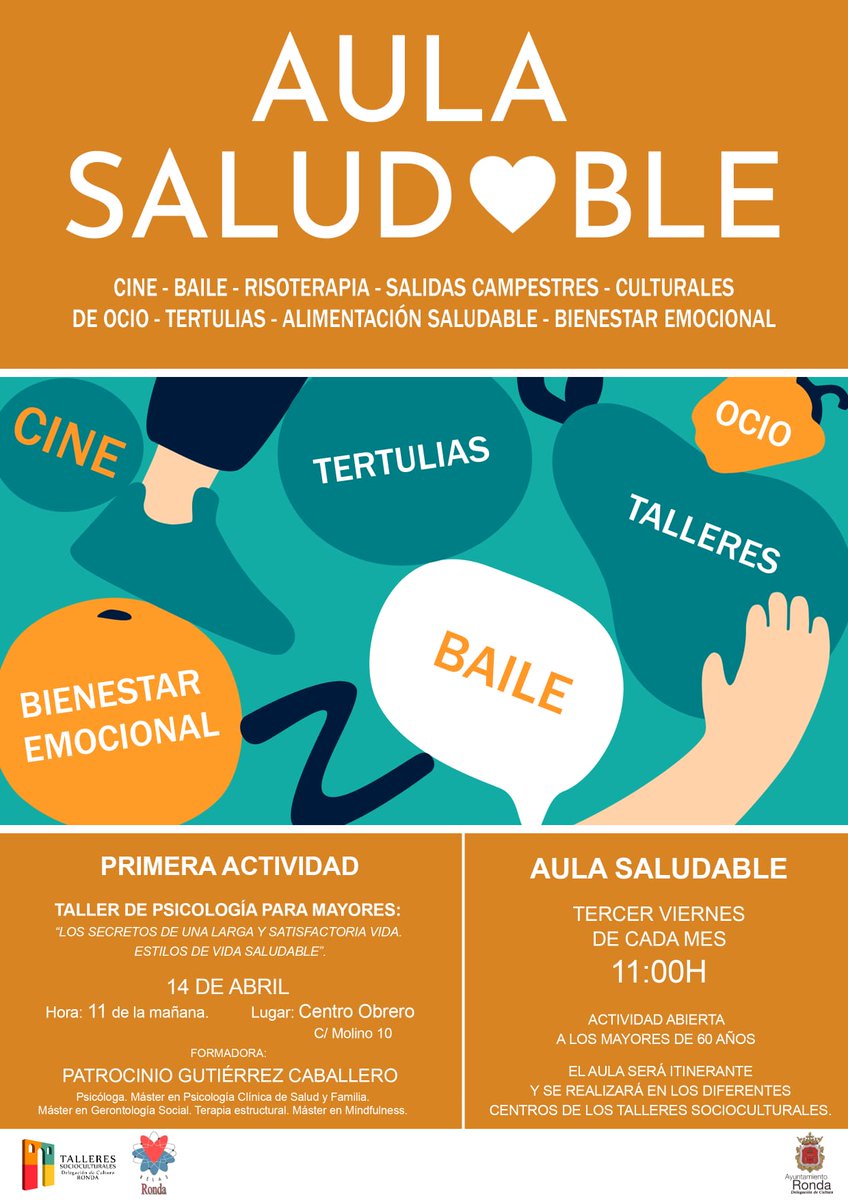 #SaludPúblicaAndalucía
#RondaRELAS inaugura su Aula Saludable con el taller "Los secretos de una larga y satisfactoria vida. Estilos de vida saludable".

🗓️14 de abril
📍Centro Obrero, c/ Molino, 10
⌚️11 h.
👏👏Mayores de 60 años
Entrada libre

#LocalizarlaSalud