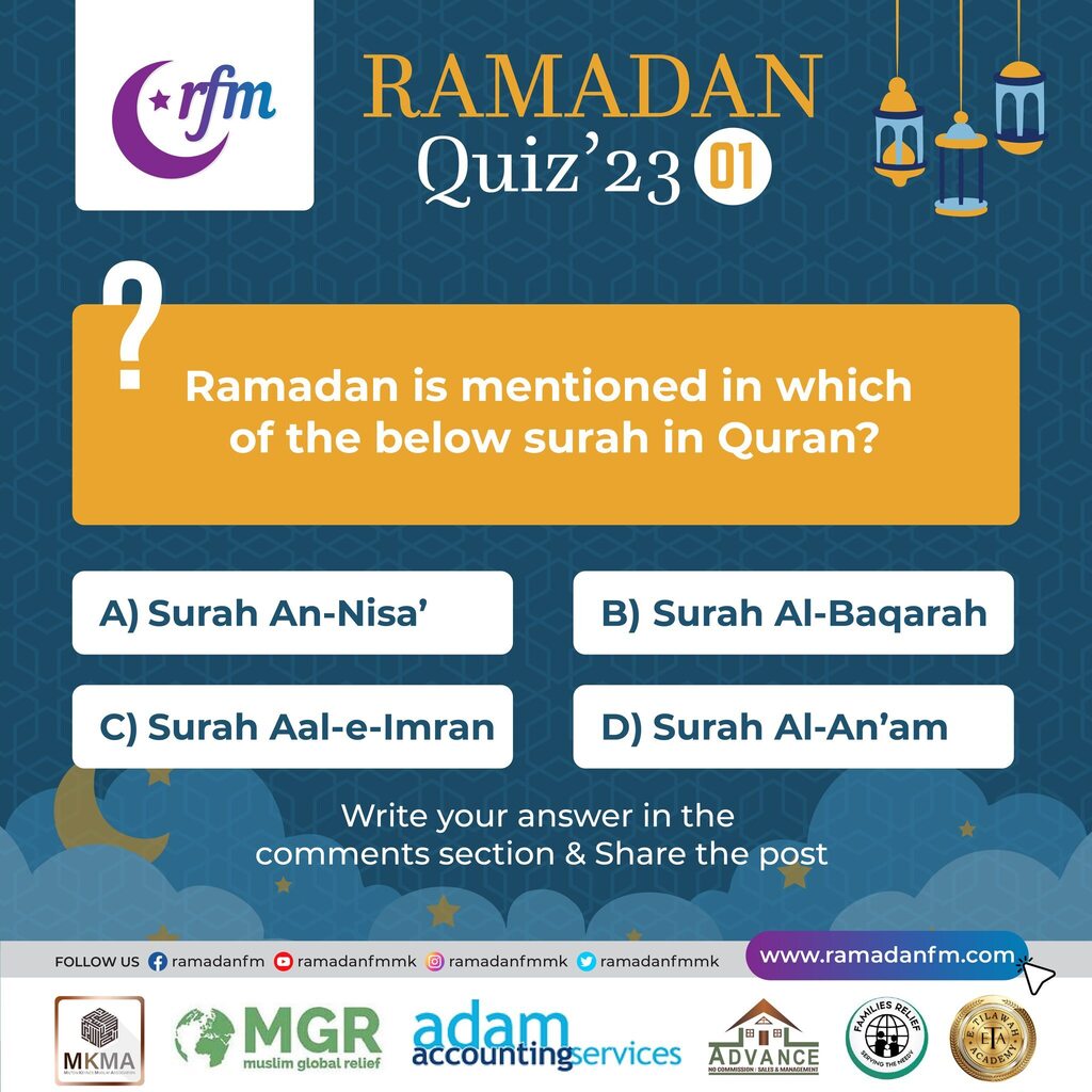 ramadanfmMK's tweet photo. Ramadan FM Quiz 01!

Write your answer in the comments section &amp; Share the post.

#RamadanFMQuiz #RamadanQuiz #RamadanFM #ramadanfmmk #ramadanquiz1 #miltonkeynesmuslims #miltonkeynes #ramadanknowledge #Quiz1 

Listen Live https://t.co/SwHHhRlJVC https://t.co/y2HBYxetSX