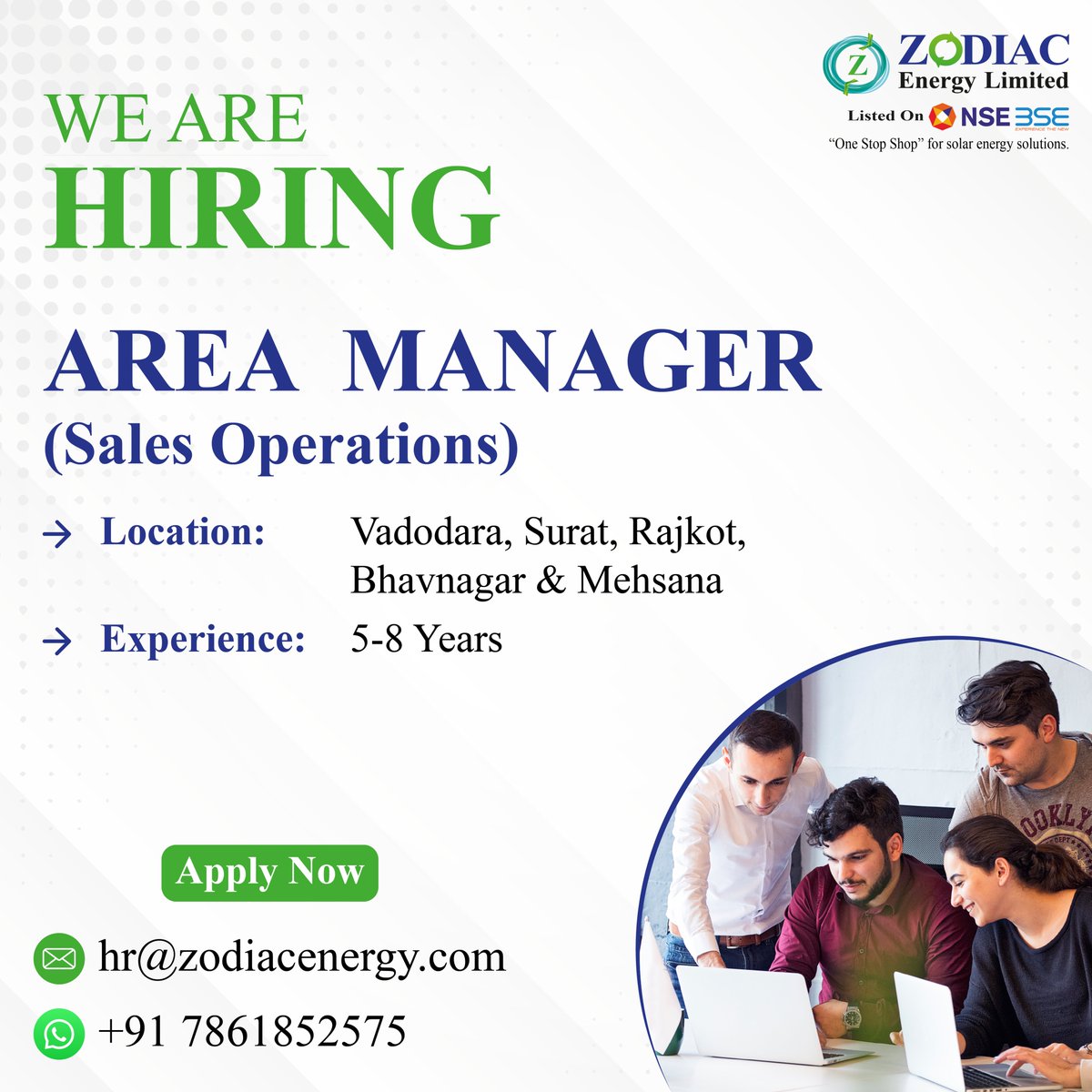 We're hiring an experienced AREA MANAGER (Sales Operations) for multiple locations in Gujarat.

 Send your resume to hr@zodiacenergy.com or WhatsApp us at +91 7861852575.

#SolarPower #RenewableEnergy #CleanEnergy #SalesOperations #AreaManager #GujaratJobs #JobOpening #hiring