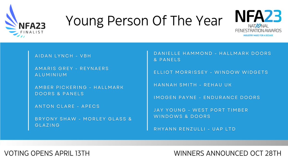 Young Person Of The Year finalists: Hannah Smith - <a href="/REHAUWindows/">REHAU Windows UK</a> Imogen Payen - @EnduranceDoors Jay Young - West Port Timber Windows &amp; Doors, Rhyann Renzulli - <a href="/UAPLimited/">UAP Limited</a> #NFA23