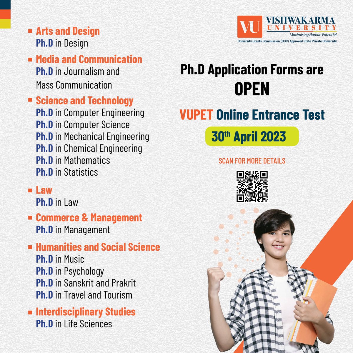 The last date for submission of application forms is April 25th, 2023. To apply, visit the Vishwakarma University website (vupune.ac.in/academicss/phd…) and follow the instructions for online application.

#vishwakarmauniversity #vupet #onlineentrancetest #applynow #phdprogram