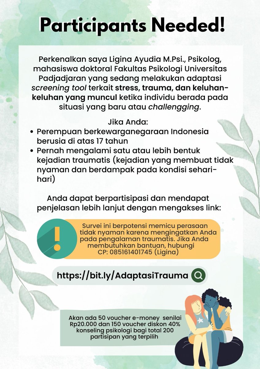 Utk km yg pernah alami trauma atau kekerasan seksual (KS), dpt berpartisipasi pd penelitian ini dgn mengakses:
bit.ly/AdaptasiTrauma 
bit.ly/AdaptasiKS 

Partisipasi mu sgt berharga utk pengembangan intervensi KS. Trmks

#PulihBersama #BangkitBersama #KamuPastiBisaSembuh