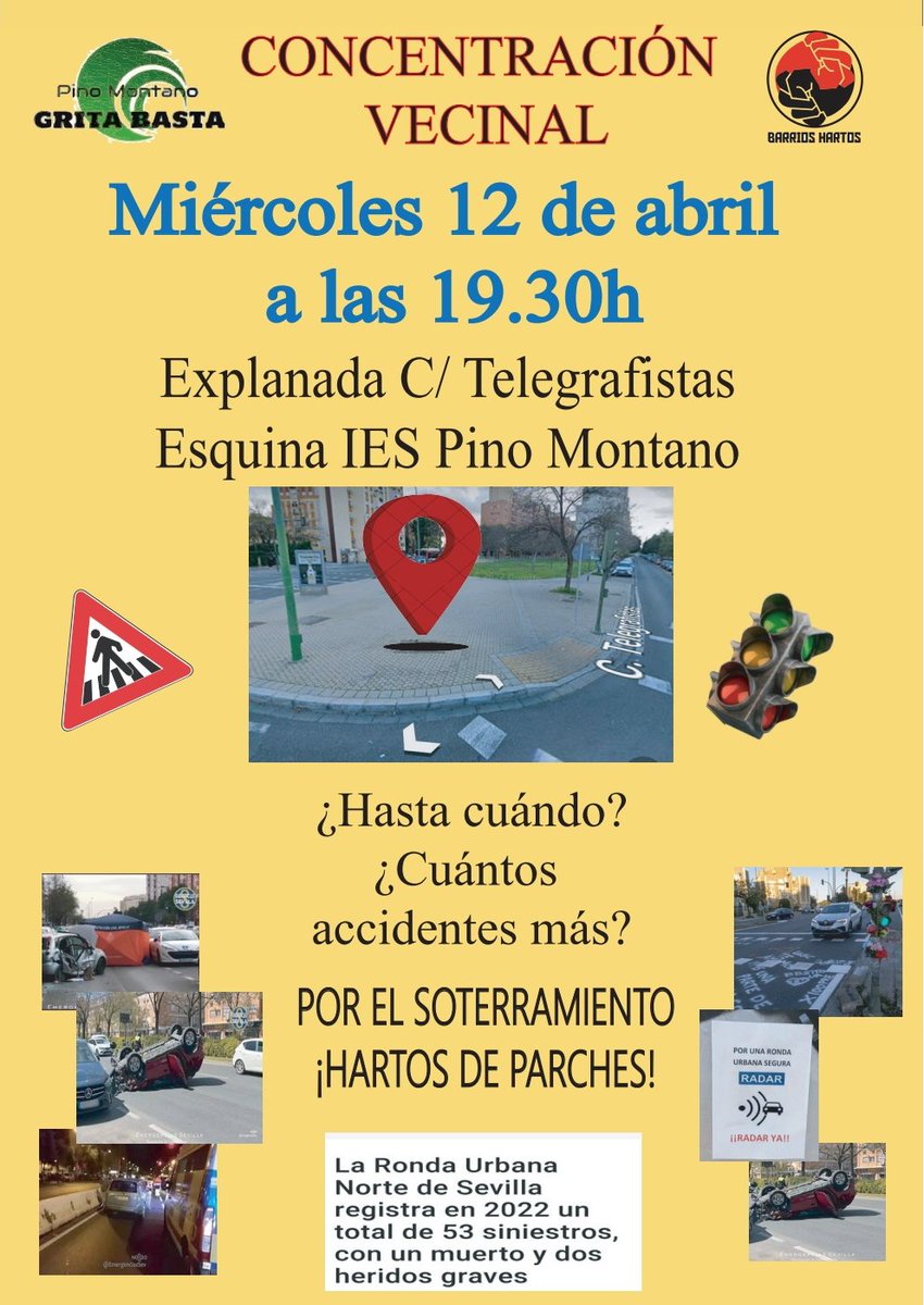 PM_grita_basta's tweet photo. Tras los últimos accidentes de estos días en la Ronda Urbana Norte y, viendo que las medidas del @Ayto_Sevilla son escasas y a parches, convocamos concentración el miércoles a las 19:30h para seguir dando visibilidad
@RondaSalvaje @IniciativaRUN @parqueflo @AVVSanDiego https://t.co/PgYiC4kqCF