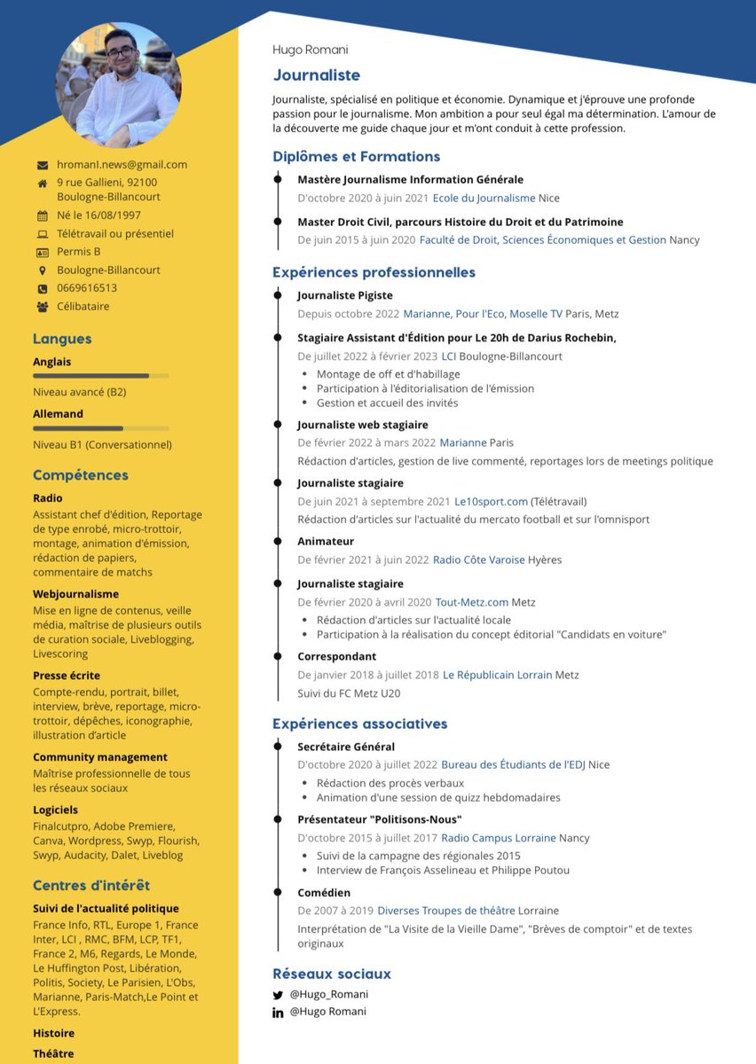 Hugo__Romani's tweet photo. Bonjour à tous. 
Je suis journaliste, à la recherche d’un contrat (piges, CDD, CDI) pour tout type de média. De préférence en région parisienne mais je suis mobile sur toute la France.
Je suis joignable aux coordonnées présentes sur le CV ou par MP.
Retweets appréciés https://t.co/fQXYEFaB2r