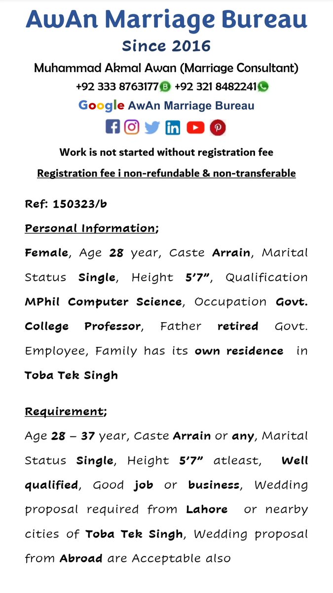 AwAnMarriage's tweet image. #Female #28Year #Arrain
#Single #5feet7inch 
#MPhil #ComputerScience
#Government #Professor 
#Tobateksingh
#AMB #Registered