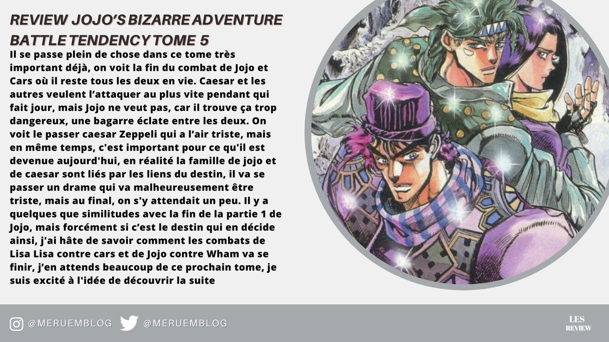 Meruemblog's tweet image. Nouvelle review sur le tome 5 de Jojo’s bizarre adventure battle tendency des éditions @DelcourtTonkam 

Vous pouvez aussi retrouver la review sur mon blog,Instagram et aussi @Babelio @gleephapp @Booknode