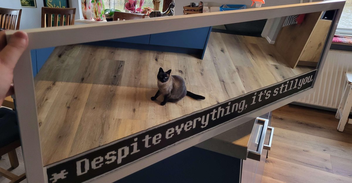 Dirk is really glad to see she is still herself.
This #undertale mirror was one of the best presents I've made for a friend so far and the urge to keep it was strong