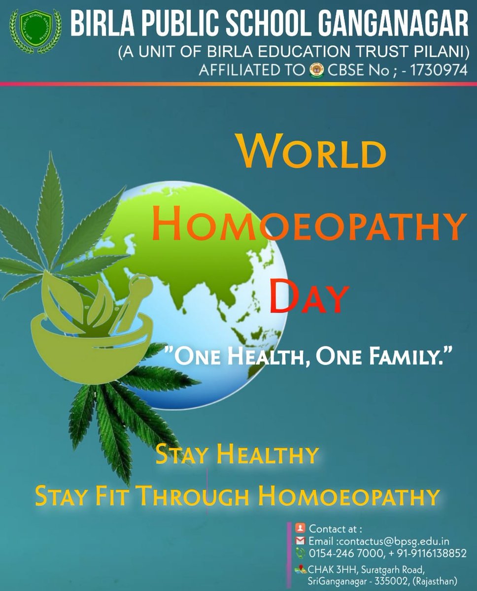 bpsganganagar's tweet photo. World Homeopathy Day marks the birth anniversary of Dr. Samuel Hahnemann who is regarded as the founder of homeopathy.
World Homeopathy Day is celebrated each year to pay tribute to homoeopathy and its contribution to the world of medicine.
#WorldHomeopathyDay
#BETPilani
#BPSG https://t.co/RwD6sig8sJ
