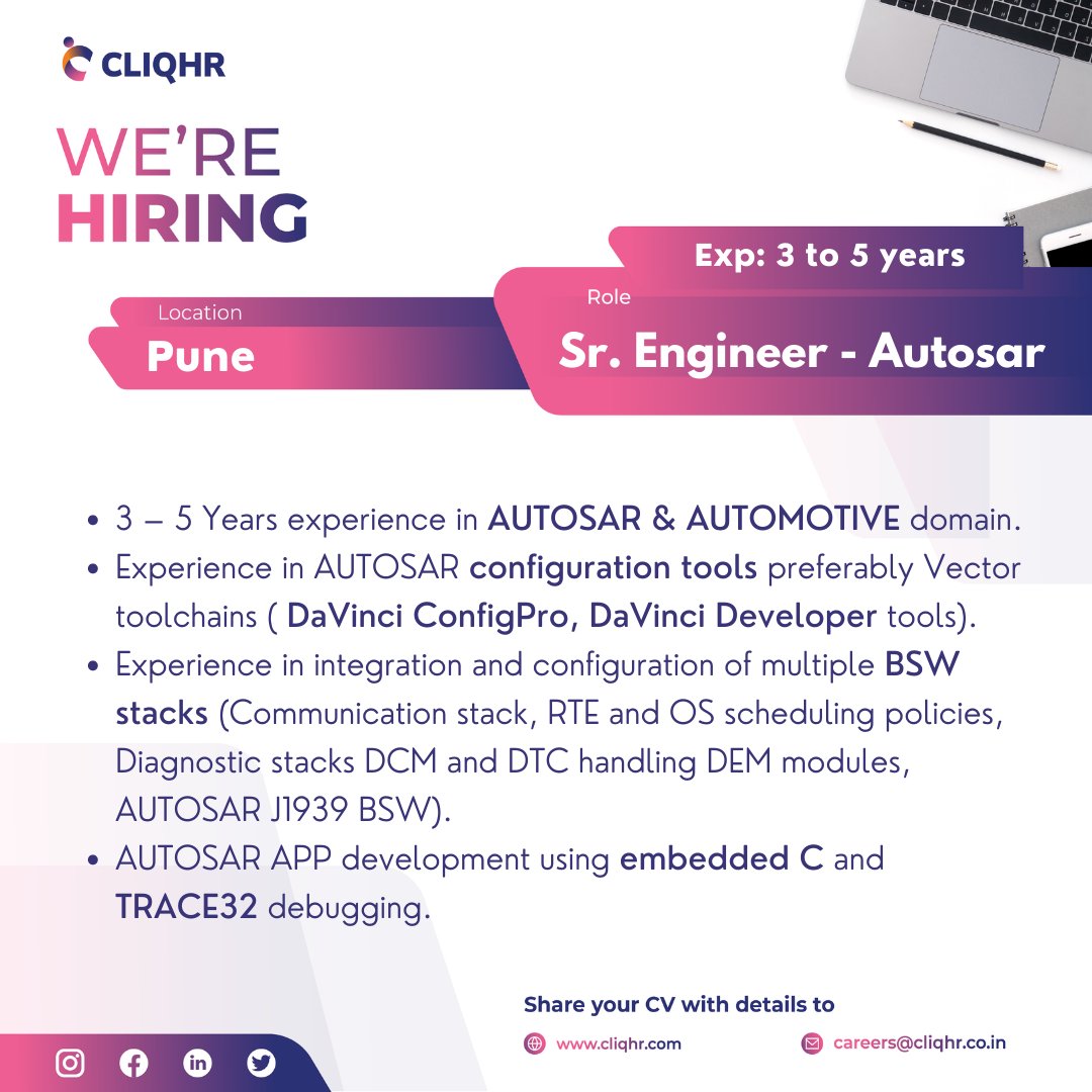 CliqHR's tweet image. 2 openings for Sr. Engineer - #Autosar
#softwareengineeringjobs #engineeringjobs #itjobsearch #itjobs #punejobs #jobalert #hiringnow #cliqhr