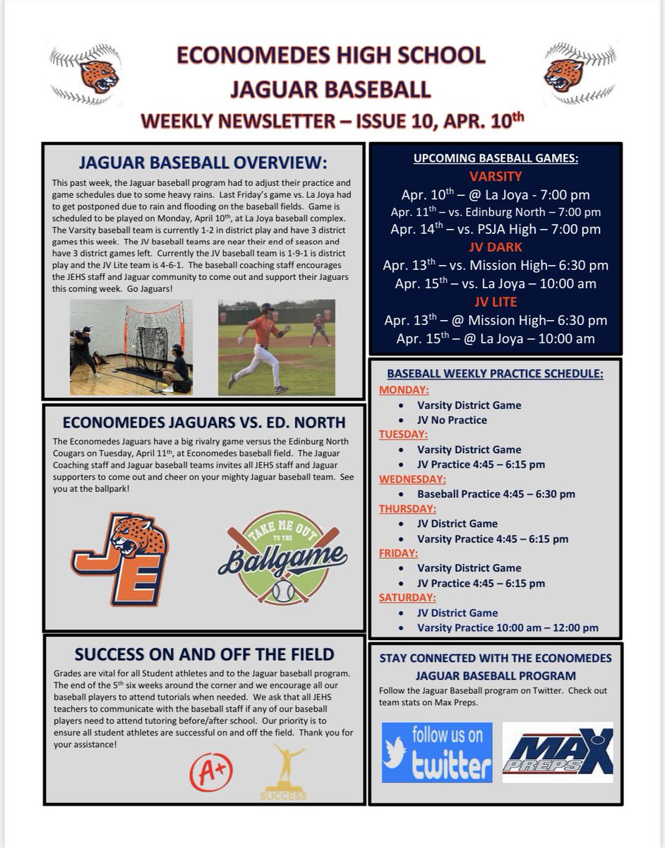 RigoSanchezJr2's tweet photo. 🚨ECONOMEDES JAGUAR BASEBALL NEWSLETTER; APRIL 10th; ISSUE 10🚨
🐆⚾️📰
@Riosportslive 
@Narro88 
@selbersports 
@Edinburgcisd https://t.co/wLRCS2AVlo