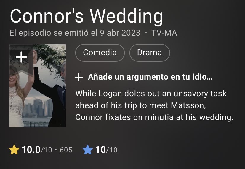 Episode 3 of Season 4 of Succession, Connor’s Wedding debuted with a perfect score of 10/10 on IMDb. Only Breaking Bad’s Ozymandias has reached this score. #Succession #SuccessionHBO