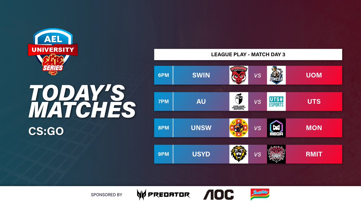 We're back tonight with more CSGO in the AEL University Elite Series!

🔴Live 5:45pm AEST
🎙️ <a href="/Emperor_zK/">Emperor_zK</a> &amp; @MattSe123
🔎<a href="/TwoTapTony/">Tony</a> &amp; <a href="/Dover888/">Ben O'Connor</a>
📺twitch.tv/auesportsleague

The AEL is proudly sponsored by
<a href="/AGONbyAOC/">AGON by AOC</a> the Gaming Monitor partner
<a href="/PredatorGaming/">Predator Gaming</a> the Gaming PC partner