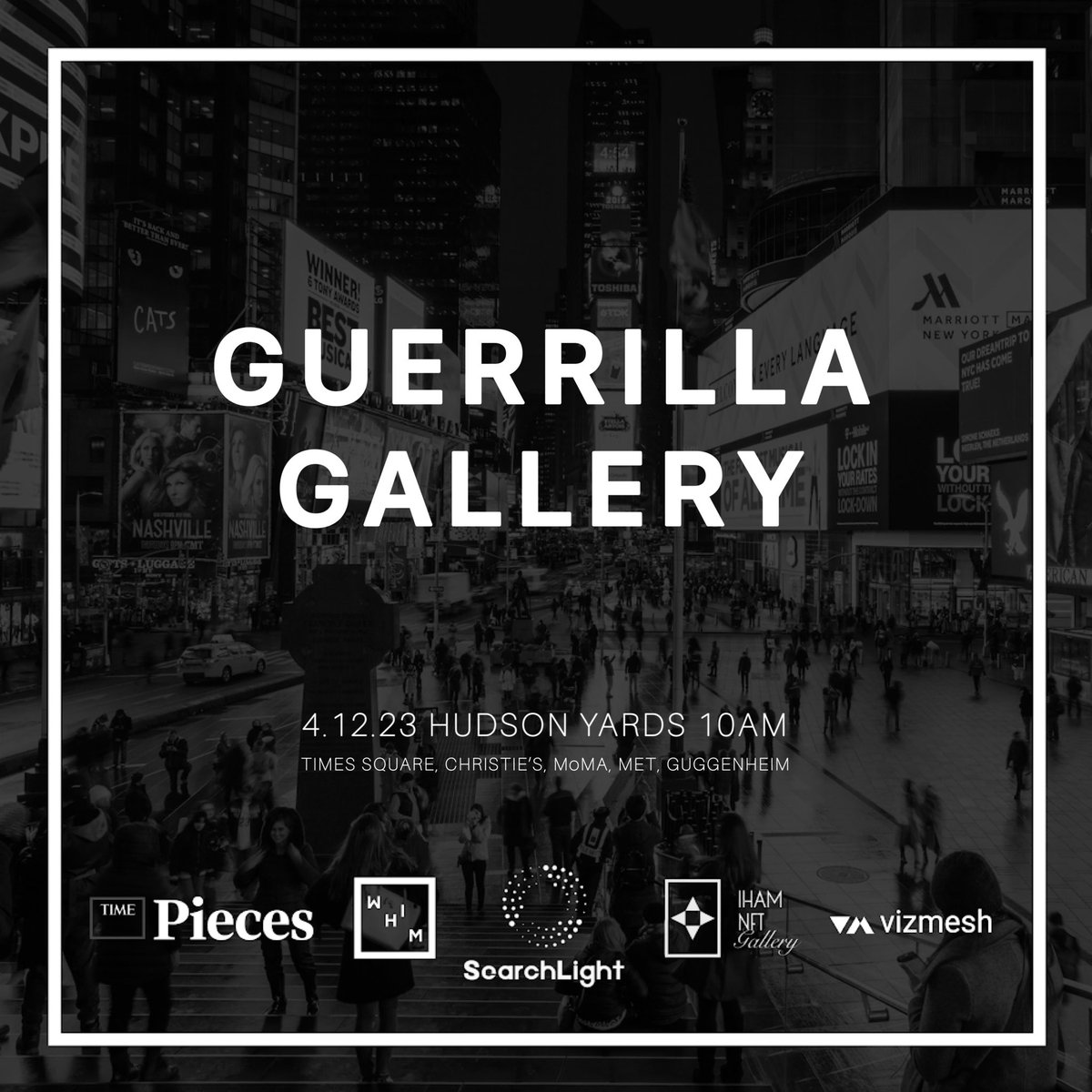 🚨GUERRILLA GALLERY🚨

FEATURING:
✅ 300+ NFTs worth $1M+
✅ Works from <a href="/beeple/">beeple</a>, <a href="/XCOPYART/">XCOPY 🏴</a> and <a href="/fewocious/">FEWOCiOUS</a> 
✅ 6 iconic stops
✅ Decentralized curated by hundreds including <a href="/TIME/">TIME</a> <a href="/seeonawhim/">WHIM</a> <a href="/SearchNFTs/">SearchLight.Art</a> @ihamnft

Event Info: vizmesh.io/gg
OpenSea: opensea.io/collection/viz…