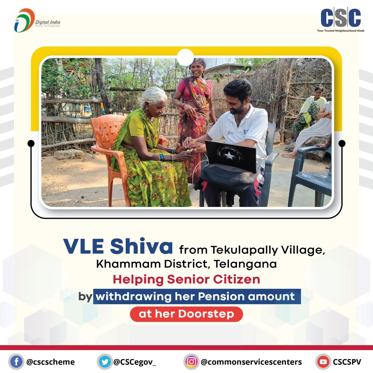 CSCegov_'s tweet photo. VLE Shiva has been helping senior citizens withdraw their pension at their doorstep through DigiPay in Tekulapally village, Khammam district, Telangana.  #RuralEmpowerment #financial #money #community #financialinclusion #DigitalIndia #Banking #DigiPay #NPCI #AePS #pension https://t.co/xxo567YoJT