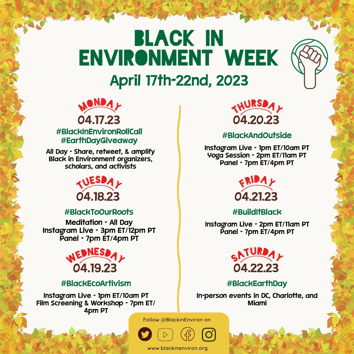 📢 Mark Your Calendars!!

🌍 #BlackInEnvironWeek 🌎 is back and taking over #EarthWeek!! Check out and share our schedule of events. 

Please make sure to follow us <a href="/BlackInEnviron/">Black In Environment</a> on Twitter, Instagram, Facebook, and YouTube 🙌🏾