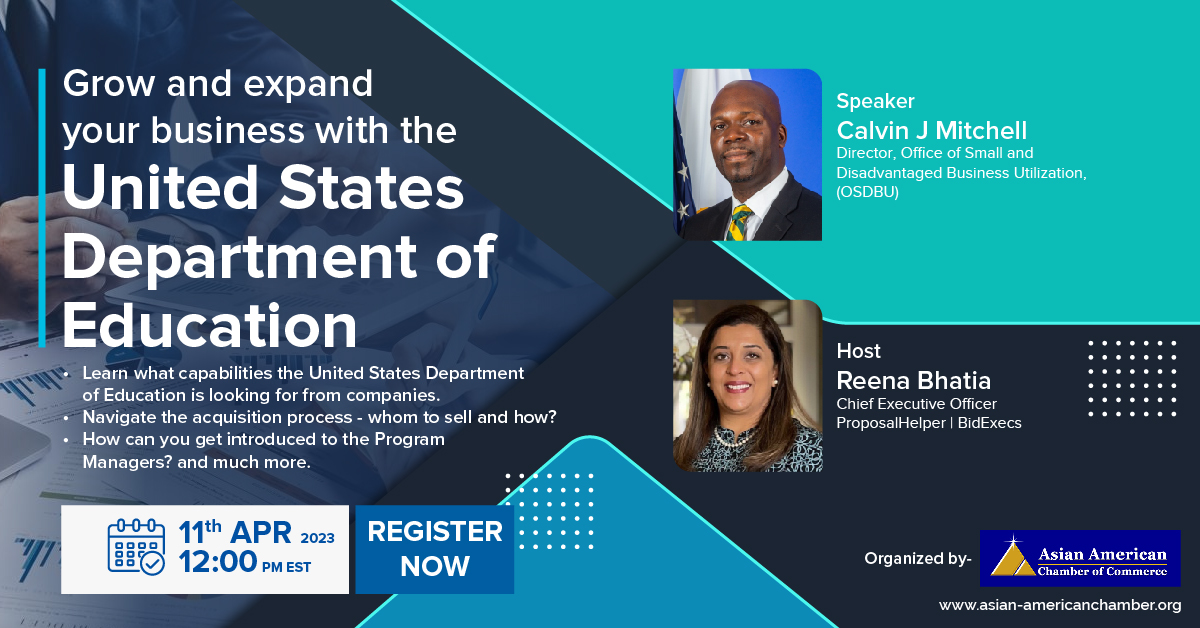 AsianAmCham's tweet image. #ProposalHelper and #BidExecs in association with Asian American Chamber of Commerce invite you to yet another super and exciting webinar &quot;Grow and expand your business with the United States Department of Education&quot;

#AACC #AsianAmericanChamberOfCommerce #AACCEvents