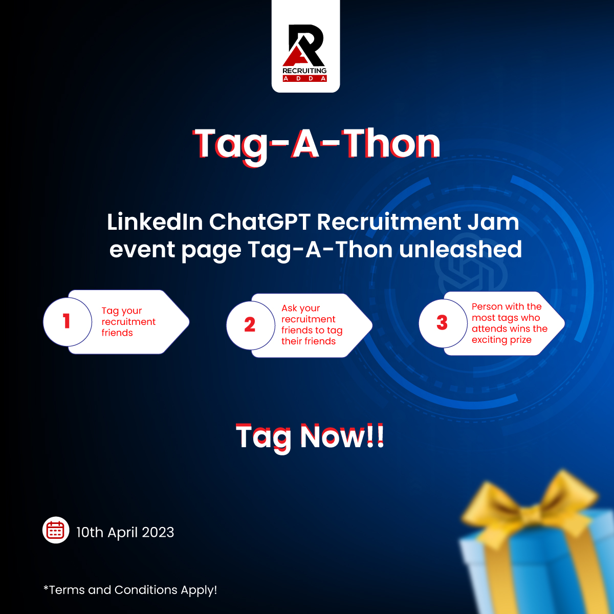 Let’s tag our recruitment colleagues & friends on the LinkedIn ChatGPT Recruitment Jam event page to participate in the Tag-A-Thon.
Tag Now: bit.ly/3zFHfcl 

#tagathon #chatgpt #chatbots #RAChatGPTWebinar #recruitingadda #sourcingadda #recruitment2023 #communityevent