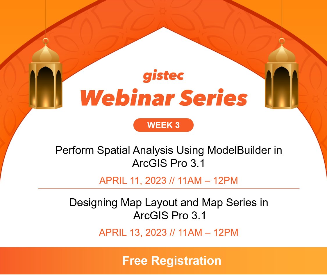 gistec's tweet image. Don&apos;t miss out on the chance to learn more about spatial analysis, map layout, and map series in this week&apos;s #gistecWebinarSeries 
1⃣Perform #SpatialAnalysis Using #ModelBuilder   bit.ly/3MAofnz
2⃣ Designing #MapLayout and #MapSeries bit.ly/3ZYTVps