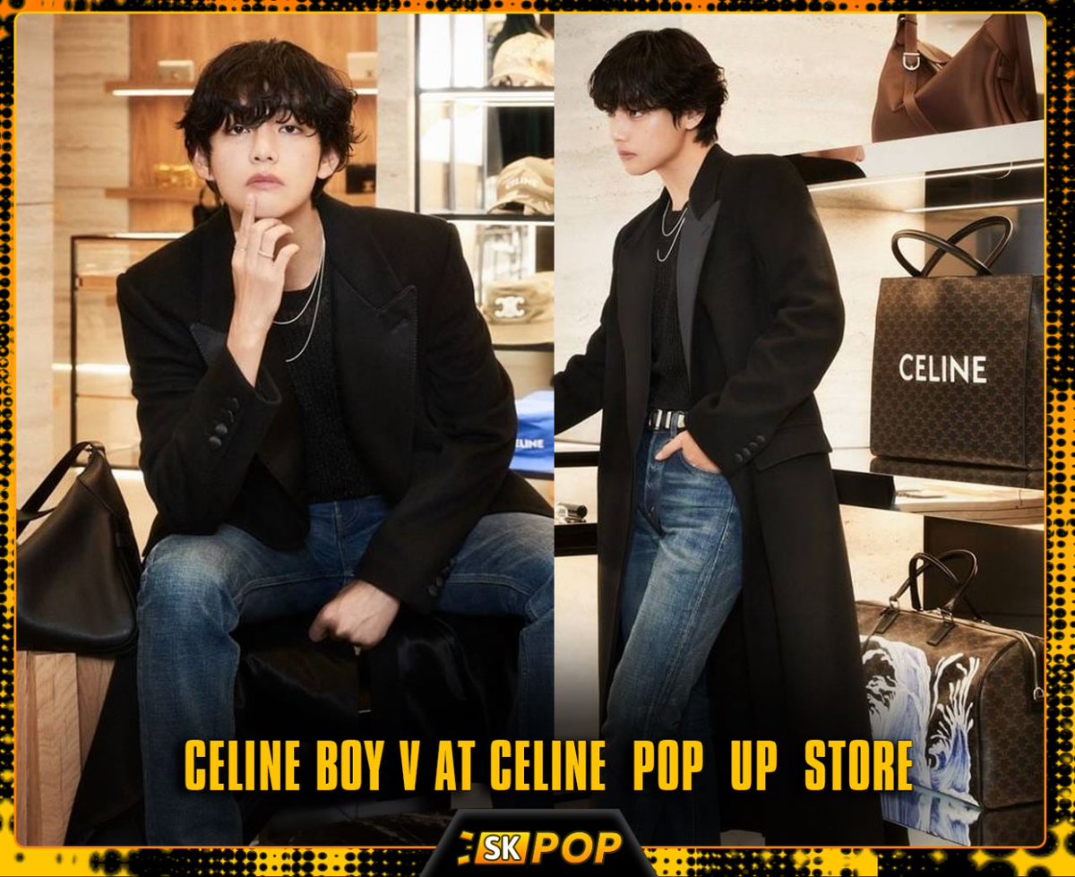 SKPopCulture's tweet photo. 📸#CelineBoyV / #KimTaehyung looking dapper &amp; handsome wearing #CELINEHOMME, in the new photos released from #CelinePopUp store opening at The Hyundai Seoul on March 30!

#BTSV's fans can't stop admiring his impeccable proportions! 
😍🤩🔥

#TAEHYUNGxCELINE #CelineV https://t.co/tNJ2NYkWY6