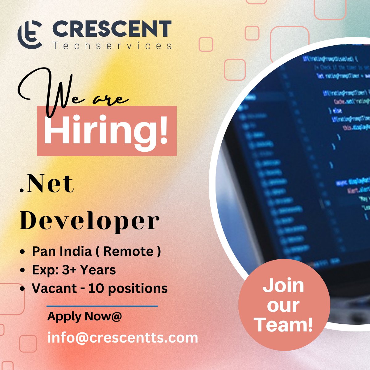 Crescent_Tech_'s tweet image. We&apos;re Hiring For .Net Developer
Pan India ( Remote )
5+ Years Experience 
Apply Now @ info@crescentts.com 
#jobsearch #HiringAlert #HIRINGNOW