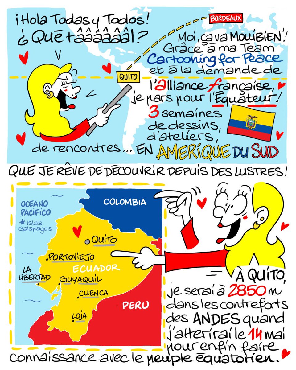 Micaille1's tweet photo. 🥁…Dans 1 mois… 🇪🇨¡ Pronto ! 🇪🇨
A la demande de l’#AllianceFrançaise de Quito, je vais partir sillonner… l’#Equateur pour @CartooningPeace ! ❤️J’ouvre donc mon « Diario » pour que tu ne rates rien… 😉😎😘 
#InternacionalCami
#Ecuador #EMI #DessinDePresse #libertédexpression https://t.co/dxwxURB7hf