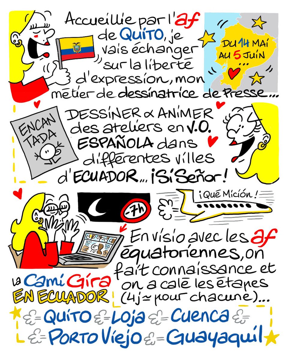 Micaille1's tweet photo. 🥁…Dans 1 mois… 🇪🇨¡ Pronto ! 🇪🇨
A la demande de l’#AllianceFrançaise de Quito, je vais partir sillonner… l’#Equateur pour @CartooningPeace ! ❤️J’ouvre donc mon « Diario » pour que tu ne rates rien… 😉😎😘 
#InternacionalCami
#Ecuador #EMI #DessinDePresse #libertédexpression https://t.co/dxwxURB7hf