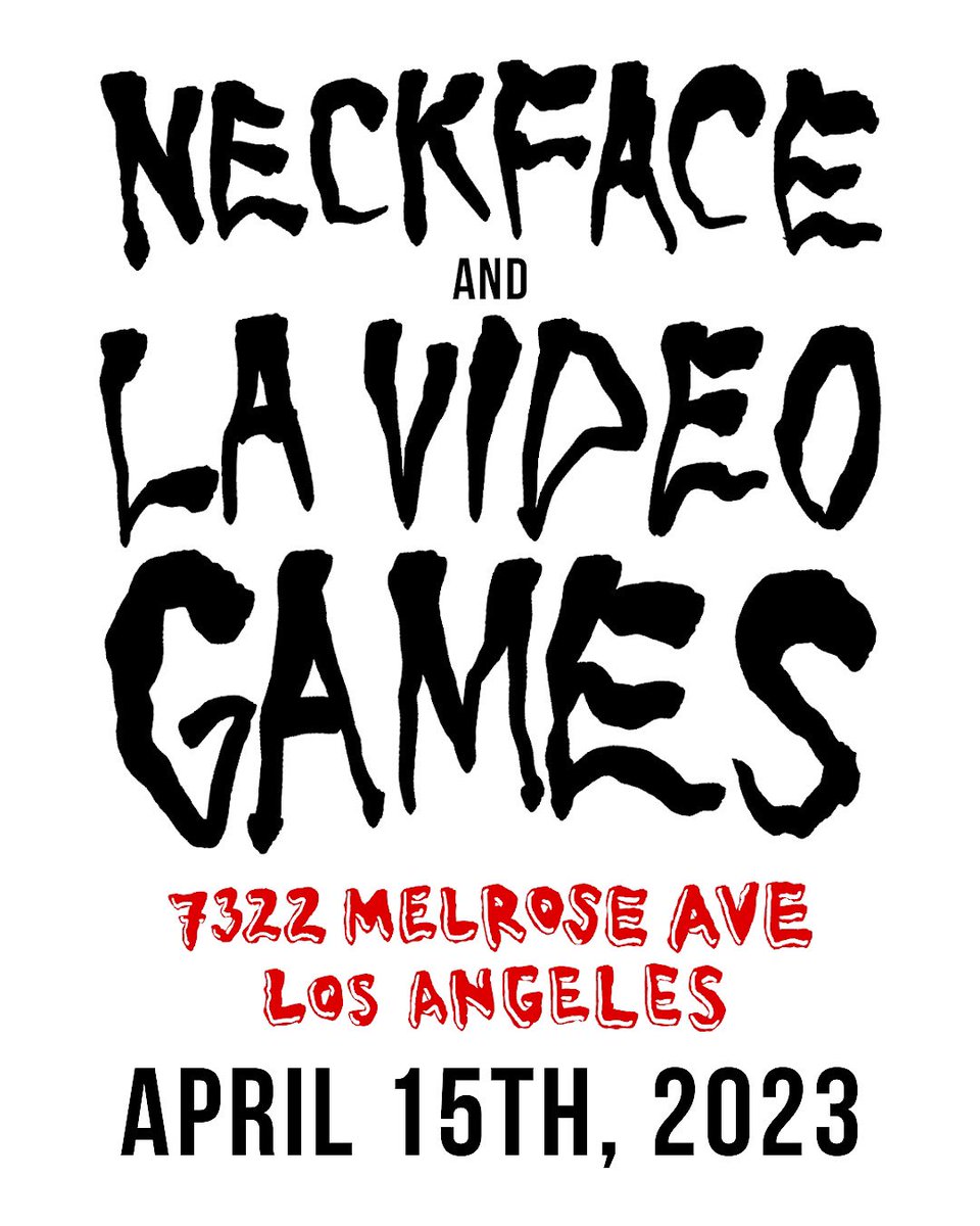 LAVideoGames1's tweet photo. 💀NECKFACE & LA Video Games Collab💀
Get ready for April 15th, 2023 as NECKFACE will be doing a special collaboration with the LA Video Games company. We will be releasing a very rare LIMITED EDITION shirt. The event will be held only at our Hollywood location!
#Neckface #collab https://t.co/SoCODg0fGq