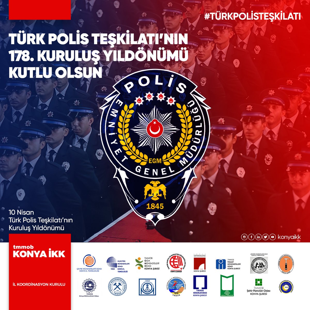 konyaikk's tweet photo. Huzur ve güvenliğimizin teminatı olan Türk Polis Teşkilatı'mızın 178. yıldönümü kutlu olsun.

Bu kentin mimarları, mühendisleri ve plancıları bu kent için çözüm üretiyor, çalışıyor 🖋️

#Konya #İKK #İlKoordinasyonKurulu #TMMOB #TürkPolisTeşkilatı https://t.co/PBkKp7HhXs