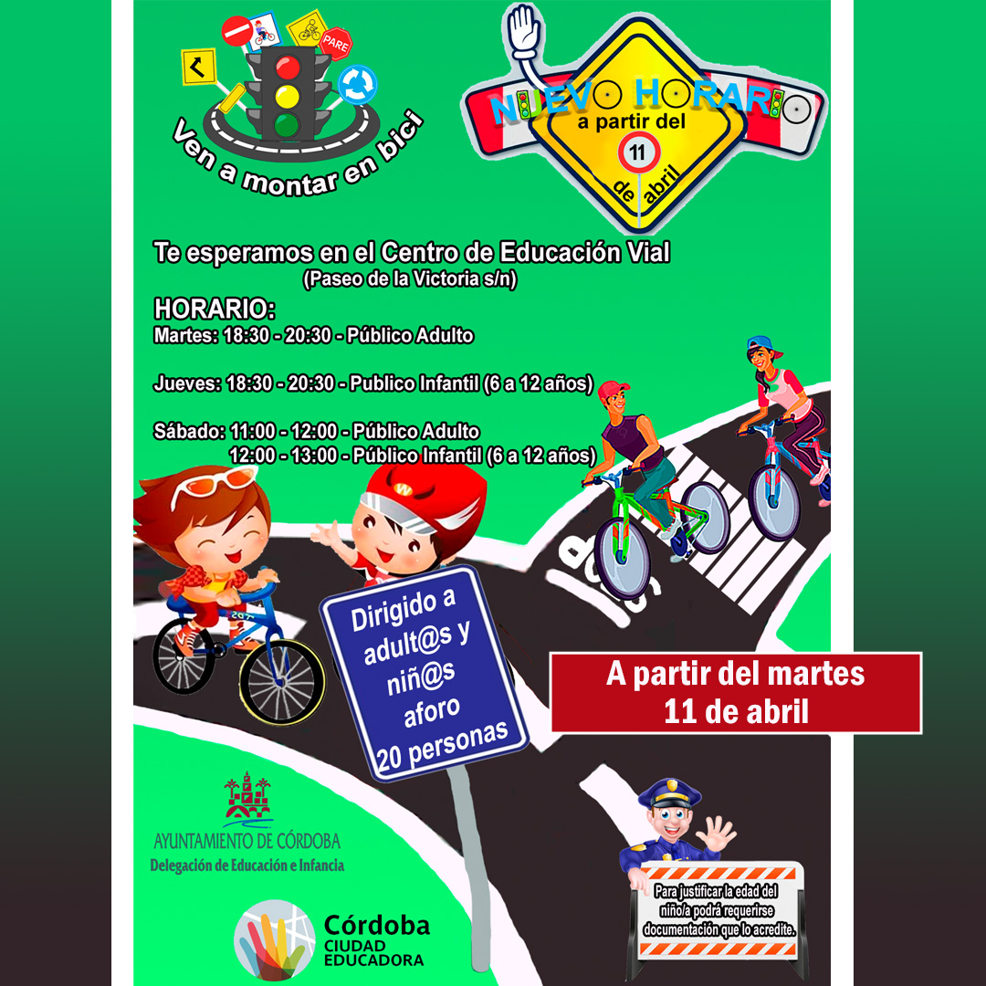 VEN A MONTAR EN BICI. Tenemos nuevo horario en el Centro de #EducaciónVial.
➡️ 𝗔 𝗽𝗮𝗿𝘁𝗶𝗿 𝗱𝗲 𝗺𝗮ñ𝗮𝗻𝗮 𝗺𝗮𝗿𝘁𝗲𝘀, 𝟭𝟭 𝗱𝗲 𝗮𝗯𝗿𝗶𝗹 ⬅️

🚲 Puedes venir con tu bici o si no tienes te facilitamos una aquí.

#CórdobaCiudadEducadora

ℍ𝕆ℝ𝔸ℝ𝕀𝕆 ⬇️⬇️