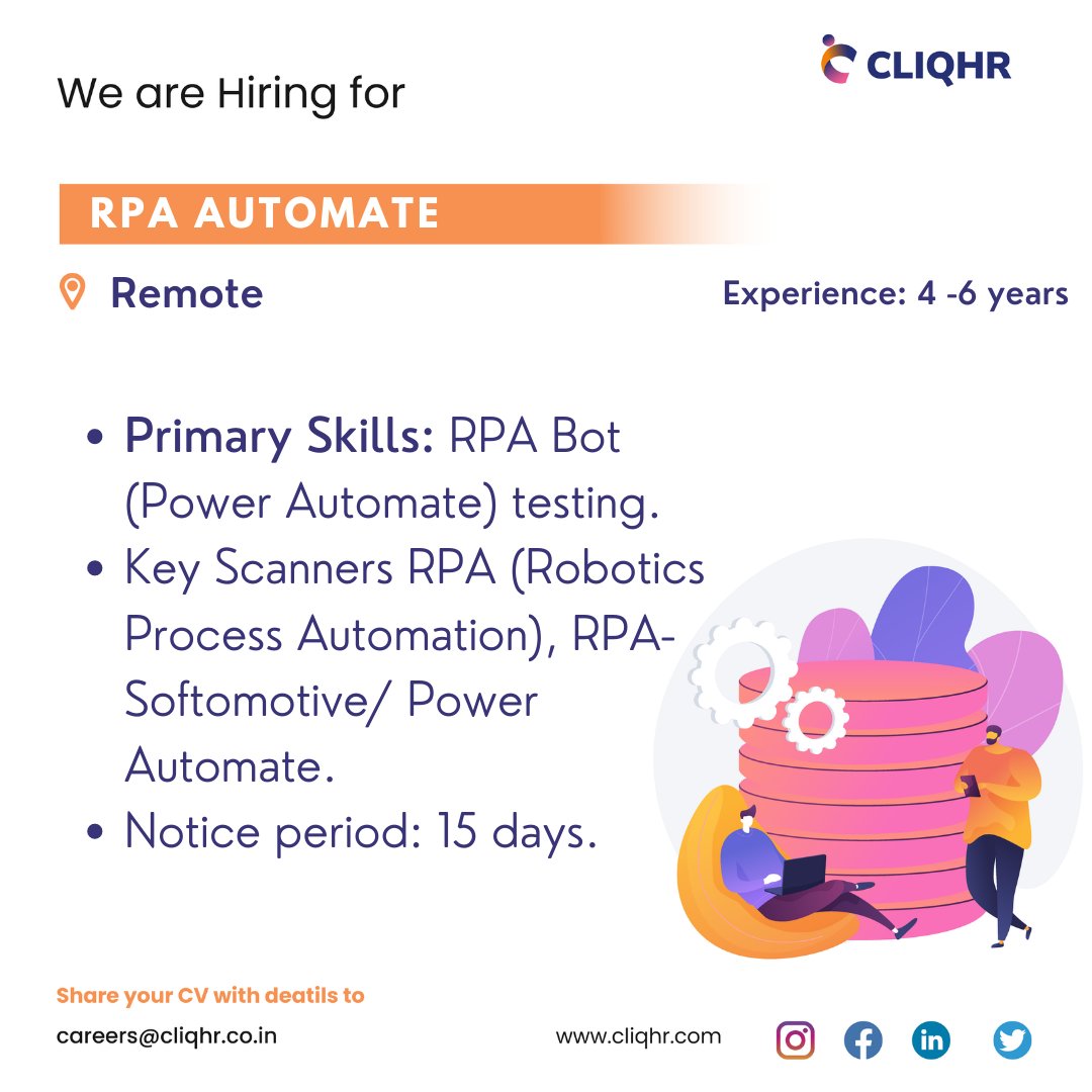 Opening for RPA Automate.

#rpajobs #rpasolutions #roboticprocessautomation #rpadeveloper #itjobsearch #itjobs #jobalert #hiringnow #hiringalert #cliqhr