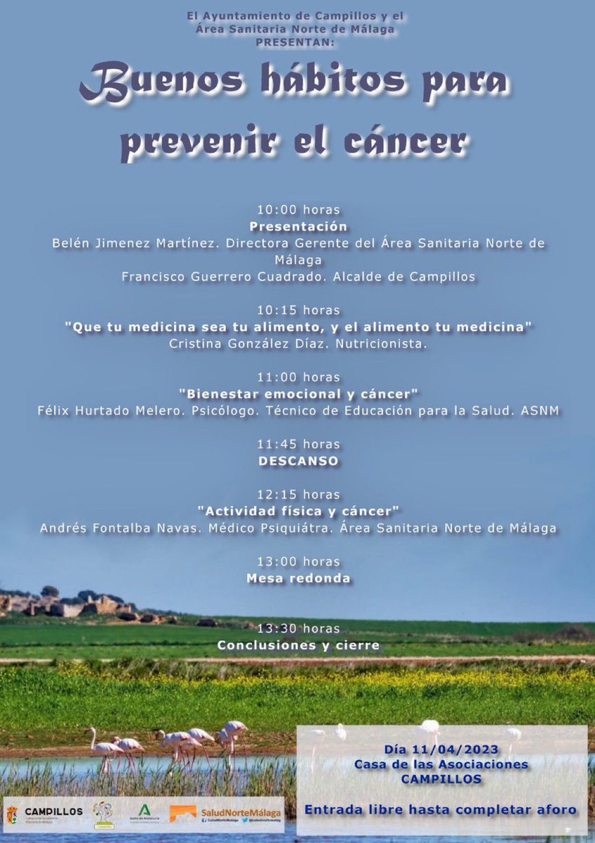 📣📣📣 Mañana tenemos una nueva Jornada de Promoción de la Salud en #Campillos: “Buenos hábitos para prevenir el cáncer”. Acceso libre hasta completar aforo. Contamos contigo. 
#Alimentación #BienestarEmocional #ActividadFísica #Cáncer #HábitosSaludables #RELAS