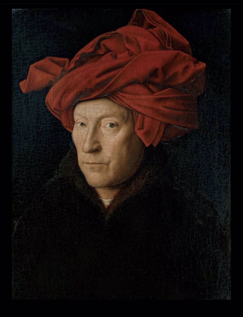#JanvanEyck

Man in Red Turban (Self-Portrait?), 
1433. Oil on panel, 26 x 19 cm. 
National Gallery, London.