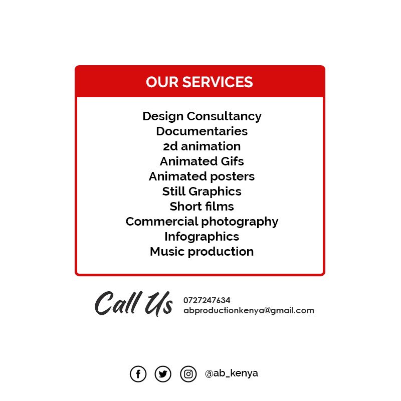 We offer the best services at affordable rates. Feel free to reach out we always deliver 💯
.
.
.
.
#ourservices #services #multimediaproduction #designconsultants #abkenya