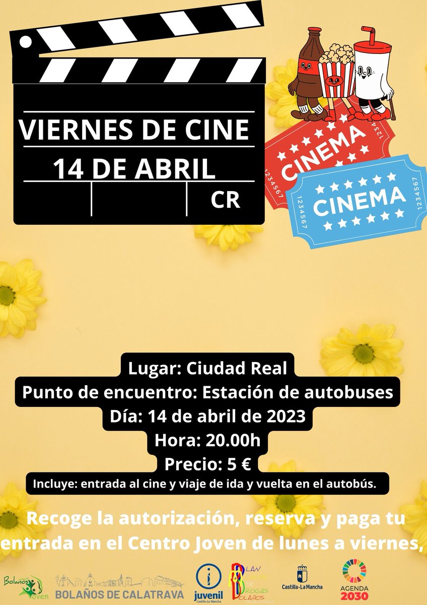 El viernes 14 de abril volvemos al cine gracias a la concejalía de juventud. Recoge la autorización y paga tu entrada en el centro joven de lunes a viernes.  #BolañosJoven #ociojoven #ocioinclusivo
