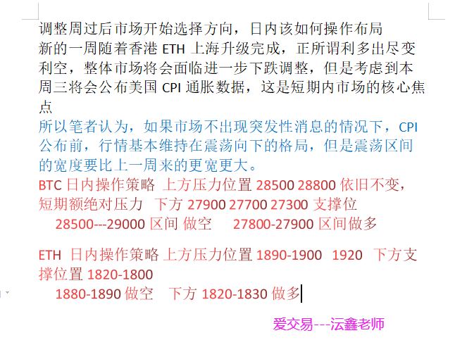 调整周过后市场开始选择方向，日内该如何操作布局
新的一周随着香港ETH上海升级完成，正所谓利多出尽变利空，整体市场将会面临进一步下跌调整，但是考虑到本周三将会公布美国CPI通胀数据，这是短期内市场的核心焦点。