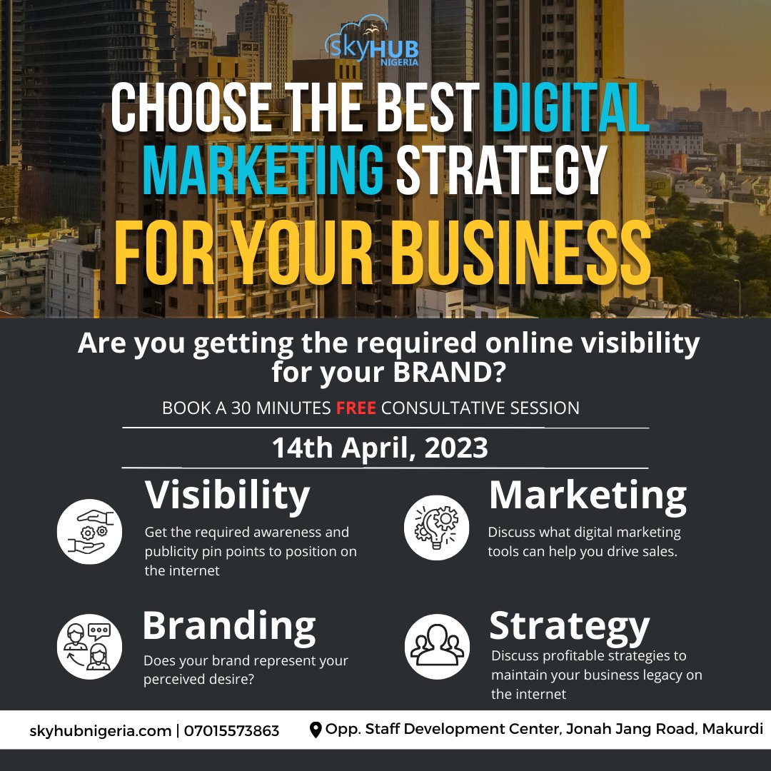 SKYHubNigeria's tweet photo. 🚨🚨🚨
In Makurdi!!!

Are you looking for ways to grow your business and attract more customers online? SKYHUB NIGERIA is offering a free 30-minute Digital Marketing Strategist Consultation to help you achieve your business goals.

1/... https://t.co/4ausX3zbMh