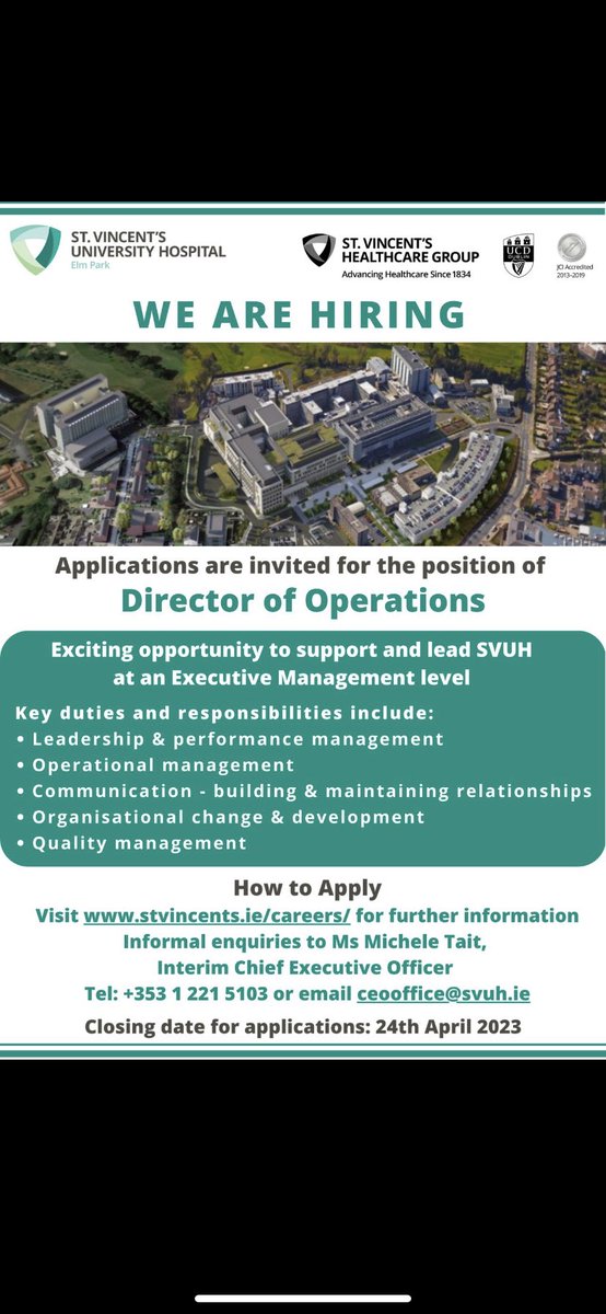 We are recruiting for the role of Director of Operations in ⁦<a href="/svuh/">St Vincent's University Hospital (SVUH)</a>⁩ a great opportunity to join our Executive Management Team, see stvincents.ie/careers for more ⁦<a href="/NursingSvuh/">SVUH Nursing Directorates</a>⁩ ⁦<a href="/HSCPsSVUH/">Health and Social Care Professions SVUH</a>⁩ ⁦<a href="/edsvuh/">SVUH ED</a>⁩ ⁦<a href="/OlderPersonsSV1/">@OlderPersonsSVUH</a>⁩ ⁦@IEHospitalGroup⁩