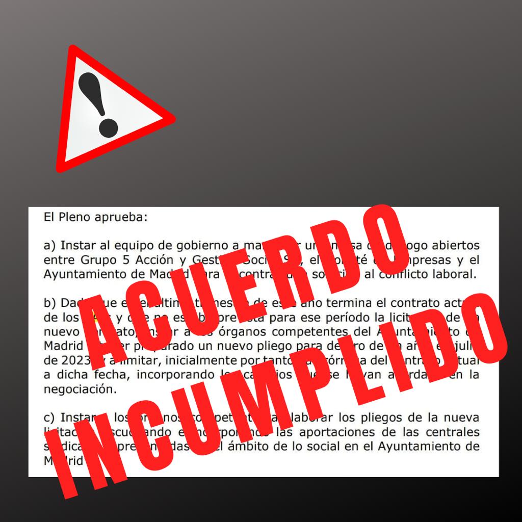 PostHuelgaG5's tweet photo. El Ayto @MADRID @AniortePepe @MadridFamilias Incumple acuerdo del pleno 20/07/22 que motivó el fin de la huelga indefinida. Comunican prórroga del pliego. No cumplen VERGÜENZA! @MasMadridCiudad @PSOEMCiudad @podemosmad @Rita_Maestre @MartaMHigueras @javierbarberog  @MarbarberanP https://t.co/Yg8jP4qUBO