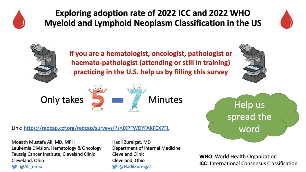 Help us spread the word&amp;complete a survey to understand adoption of ICC/WHO myeloid&amp;lymphoid neoplasm classification in 🇺🇸
➡️can complete on your phone 
✅project led by a fellow (👏) 
➡️ redcap.ccf.org/redcap/surveys…
#OncTwitter #HemeTwitter #AcademicTwitter #PathTwitter #hemepath
