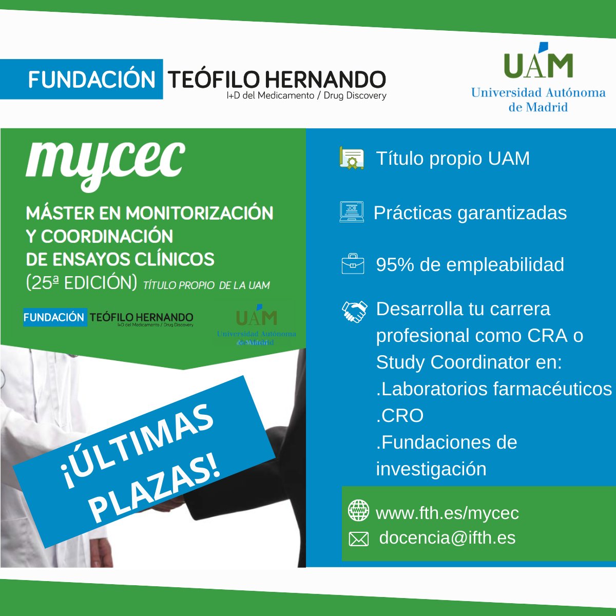 FundacionTH's tweet photo. #FormaciónFTH #MYCEC | 📢ÚLTIMAS PLAZAS📢 Si quieres formarte para trabajar como #CRA o #StudyCoordinator, ¡entra ya en nuestra web o escríbenos y no pierdas tu oportunidad!
https://t.co/KdRw9QXci7
#EnsayosClínicos #SomosFTH #Máster #Formación #Medicamento #IndustriaFarmacéutica https://t.co/d6HfKK6ZAy