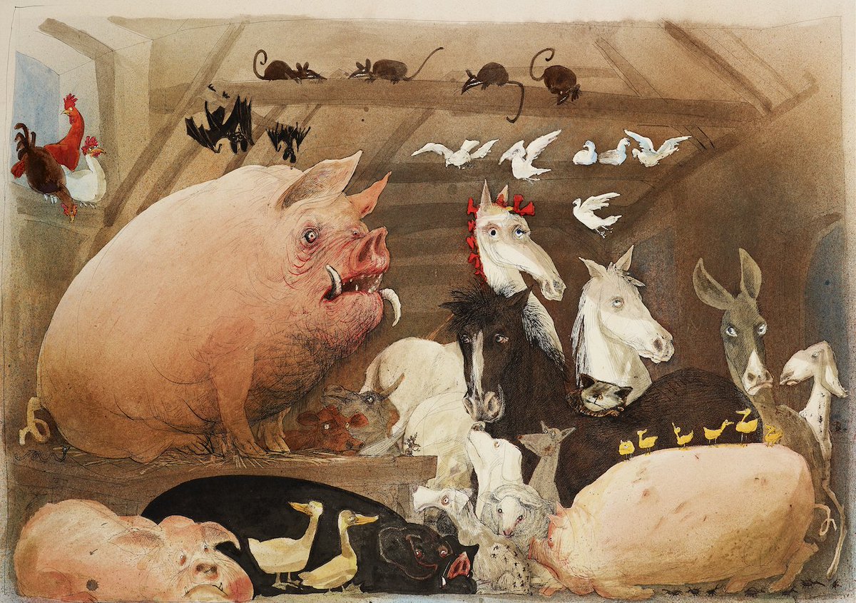 'If she herself had had any picture of the future, it had been of a society of animals set free from hunger and the whip, all equal, each working according to his capacity, the strong protecting the weak.' - George Orwell, Animal Farm.

#FarmAnimalDay #RalphSteadman #AnimalFarm