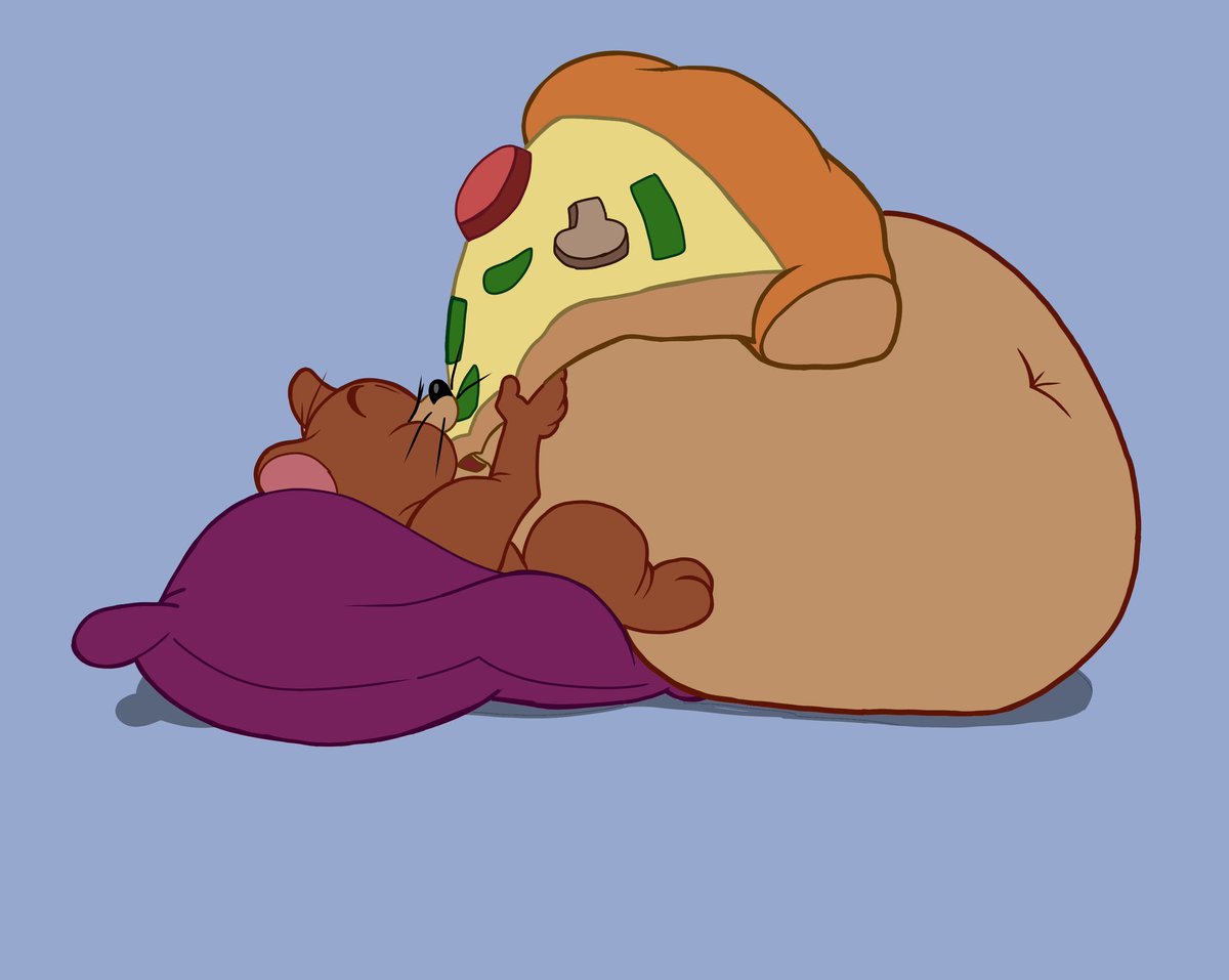 ThatRavenousFox's tweet image. Back onto my cartoon redraws. I remember seeing this amazing clip from Tom and Jerry of Jerry stuffing a slice of pizza down his mouth and his belly expands so beautifully. I couldnt help thinking...what stops him from eating a whole box? I had to kick it up a notch.