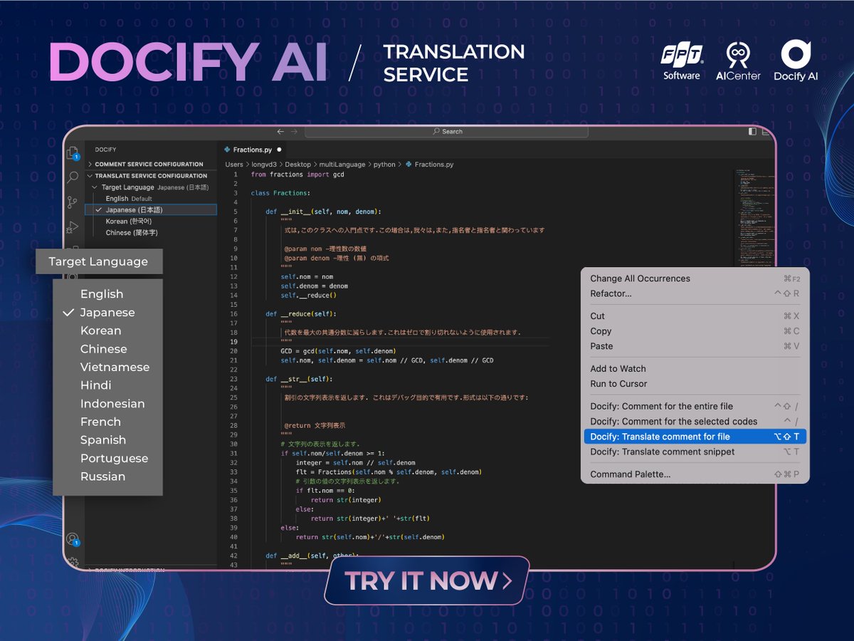 Flexible Language with Comment Translation Feature

Eliminate the worry of translating documentation for your code with Docify AI

👉 Learn how to use the comment translation feature for code here: youtu.be/IsYMjRhDV_c
👉 Download Docify AI here: bit.ly/docify-ai