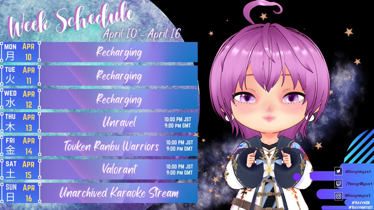 Ravynmysst's tweet photo. 𝓦𝓮𝓮𝓴 𝓢𝓬𝓱𝓮𝓭𝓾𝓵𝓮: April 10 - April 16  

New schedule this week with Chibi me and my 300 followers' karaoke stream UwU

General: #RavynMysst
Live: #RavyOn
Art: #RitzyRav   

See you there!  Mwuah mwuah~ 💜

#Vtubers #Vtuber #ENVtubers #VtubersEN   #PHVtuber #VtuberPH https://t.co/csnnz3nTrN