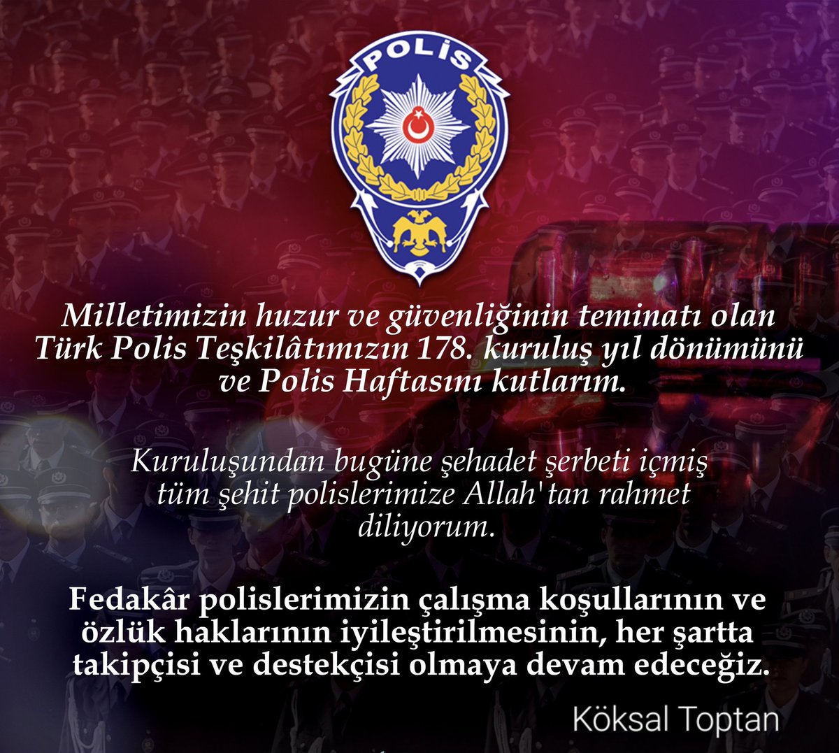 Türk Polis Teşkilatımızın kuruluşunun 178. Yılını ve #polishaftası 'nı en içten dileklerimle kutlarım.

Tüm şehitlerimizi rahmetle anıyorum. 
#AzKaldı