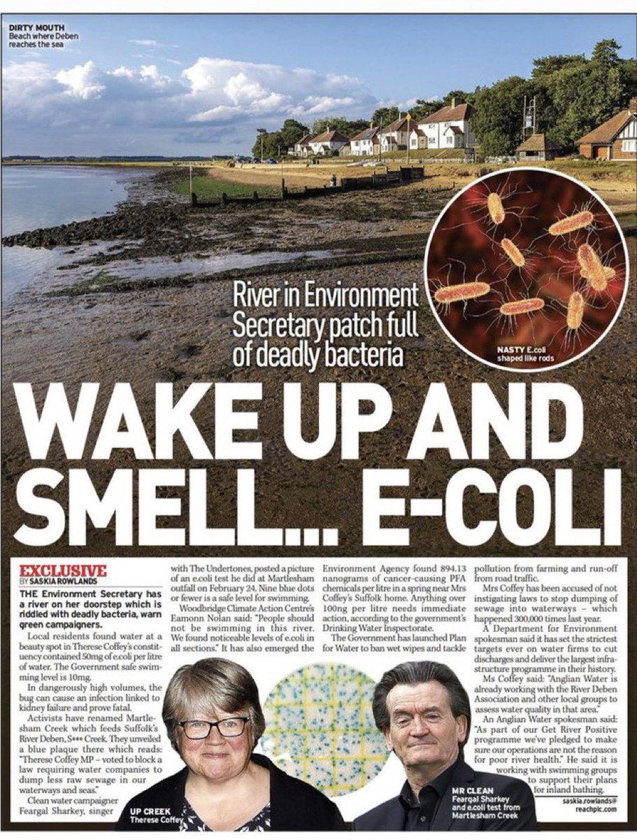 Yes the Secretary of State for the Environment has a river of filth right in her own backyard. Big thanks to @EamonnO for the E. coli testing and @Saskiarowlands2 @DailyMirror for the coverage.