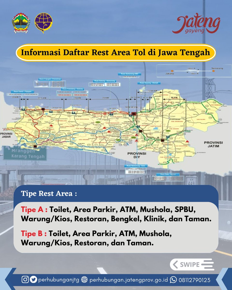fllajjateng's tweet photo. Hai Warga Jateng 👋🏻
Selain persiapan barang bawaan yang akan dibawa Mudik pastikan kembali kondisi fisik terutama bagi pengendara, untuk itu jika mengalami kelelahan sebaiknya beristirahat di Rest Area/Keluar di Exit Toll terdekat. Berikut data Rest Area di Tol Wilayah Jateng 🙌🏻 https://t.co/tx7AEvL1O4